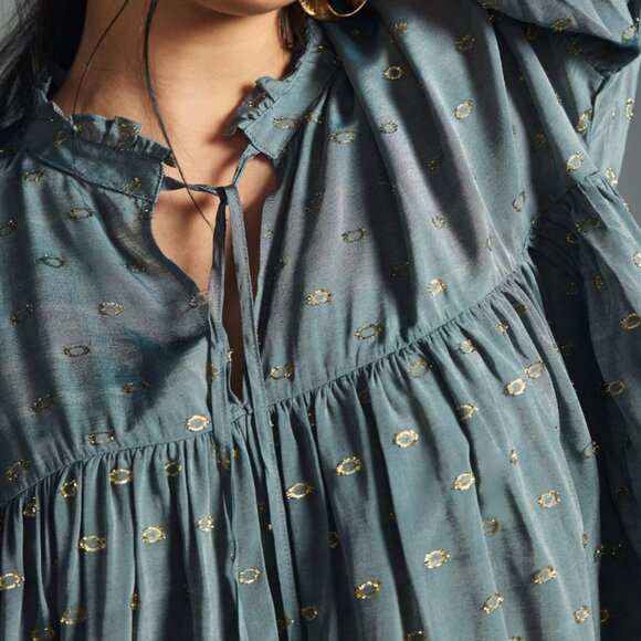 By Anthropologie Ruffled Peasant Blouse Gold and Slate Blue Blouse Size S - Picture 6 of 7
